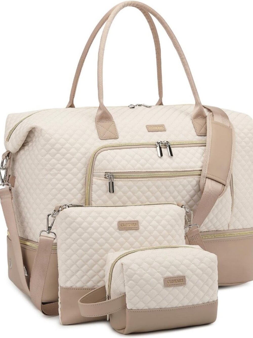 Stylish Weekender Bag for Women | Travel Duffle & Crossbody Purse Set, Beige